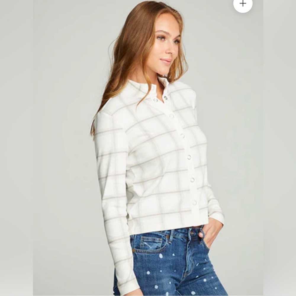 CHASER‎ Long Sleeve Mock Neck Snap Front Tee NWT $72 Size S Hazel Plaid